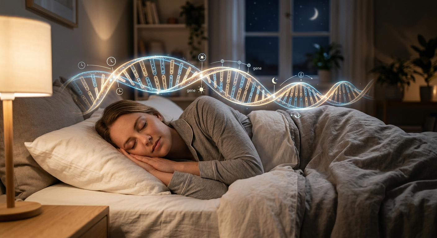 Woman sleeping in bed with a glowing DNA double helix floating above, suggesting genetics and sleep research.